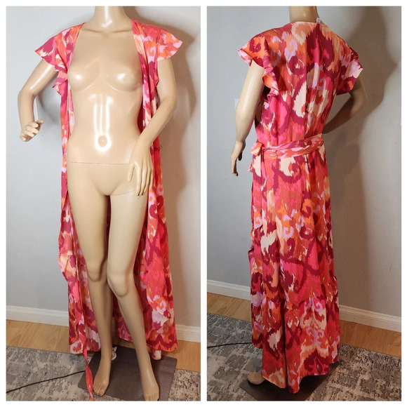 Bar lll Flutter-Sleeve Wrap Maxi Dress. Coral Pink. Size XXL. - Picture 4 of 13
